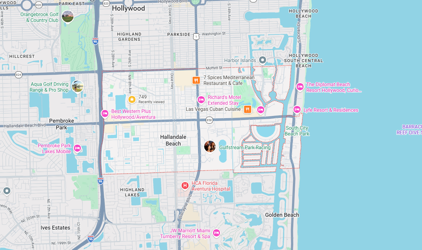 image depicting the city of Hallandale Beach on a map