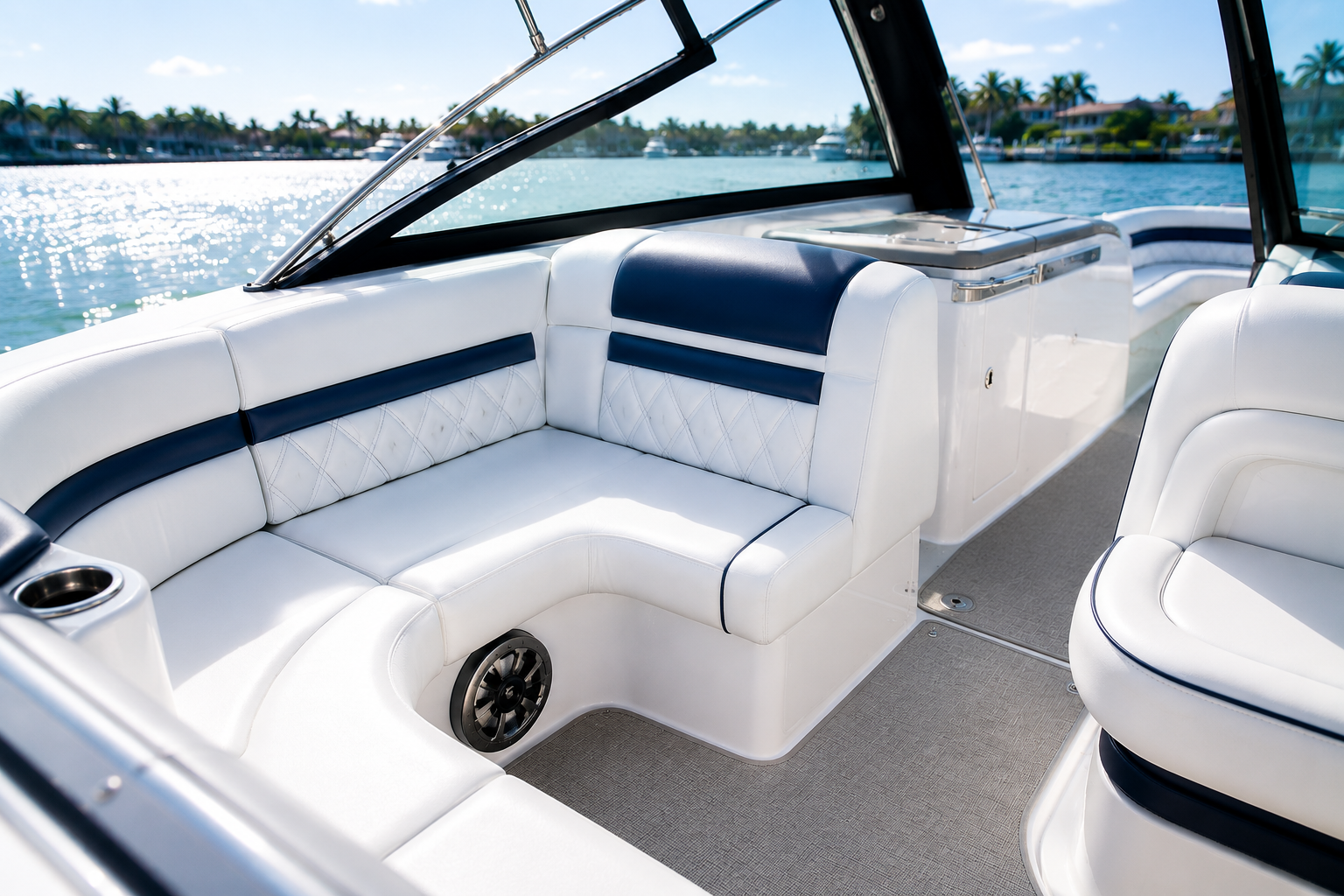 Luxury boat interior with marina view