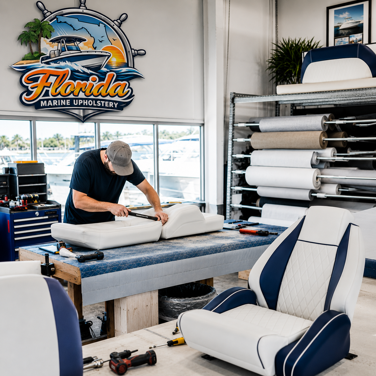 Marine upholstery workshop with boat views