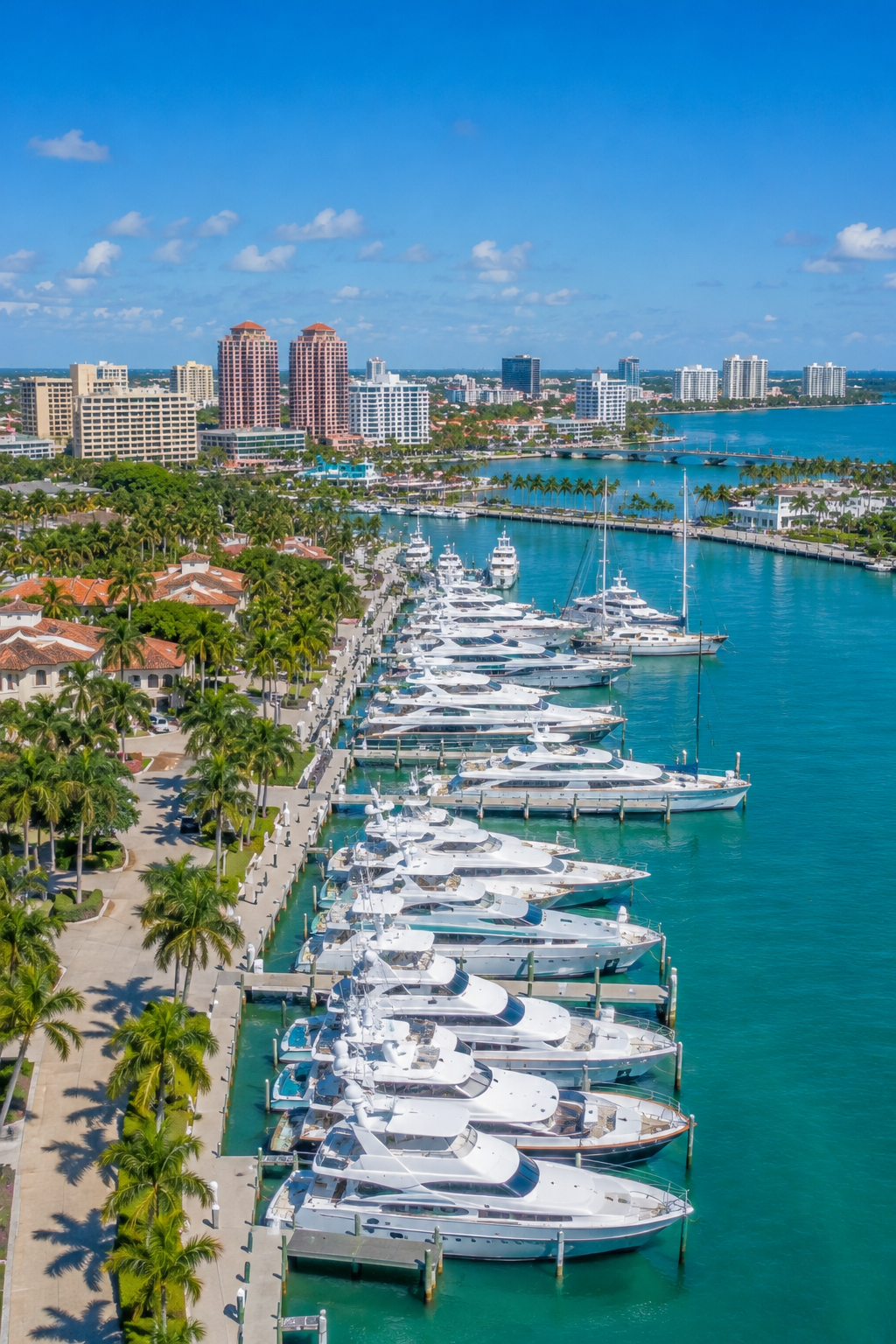 Sunny coastal marina and cityscape - palm beach