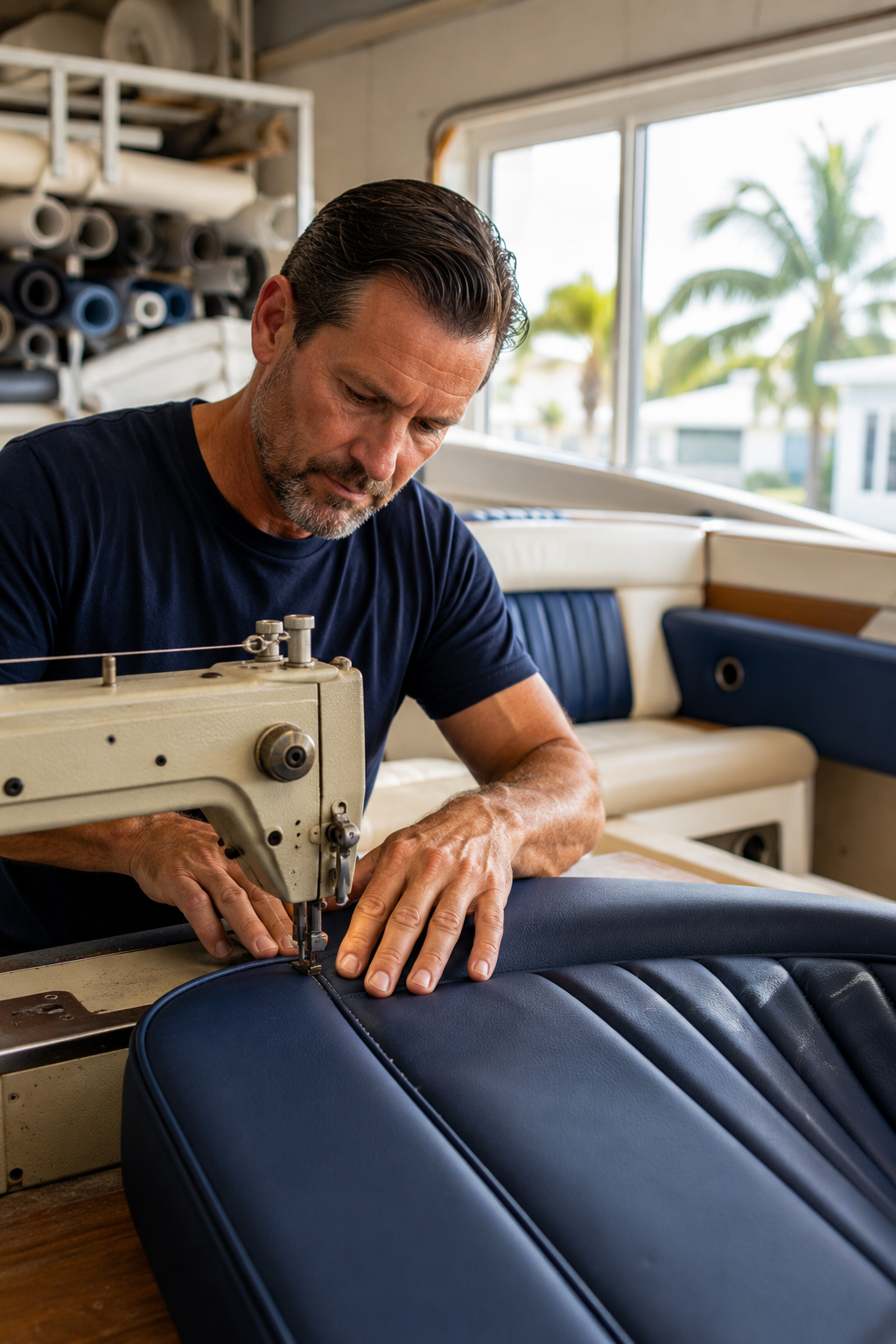 Upholstery craftsmanship in sunlight workshop