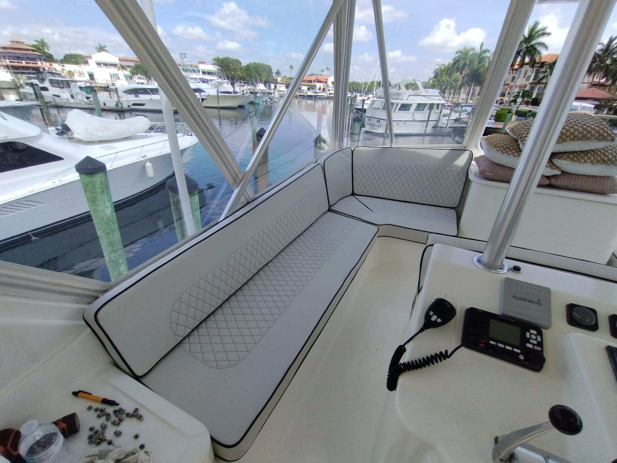 Image depicting custom upholstered yacht cushions installed on their yacht.