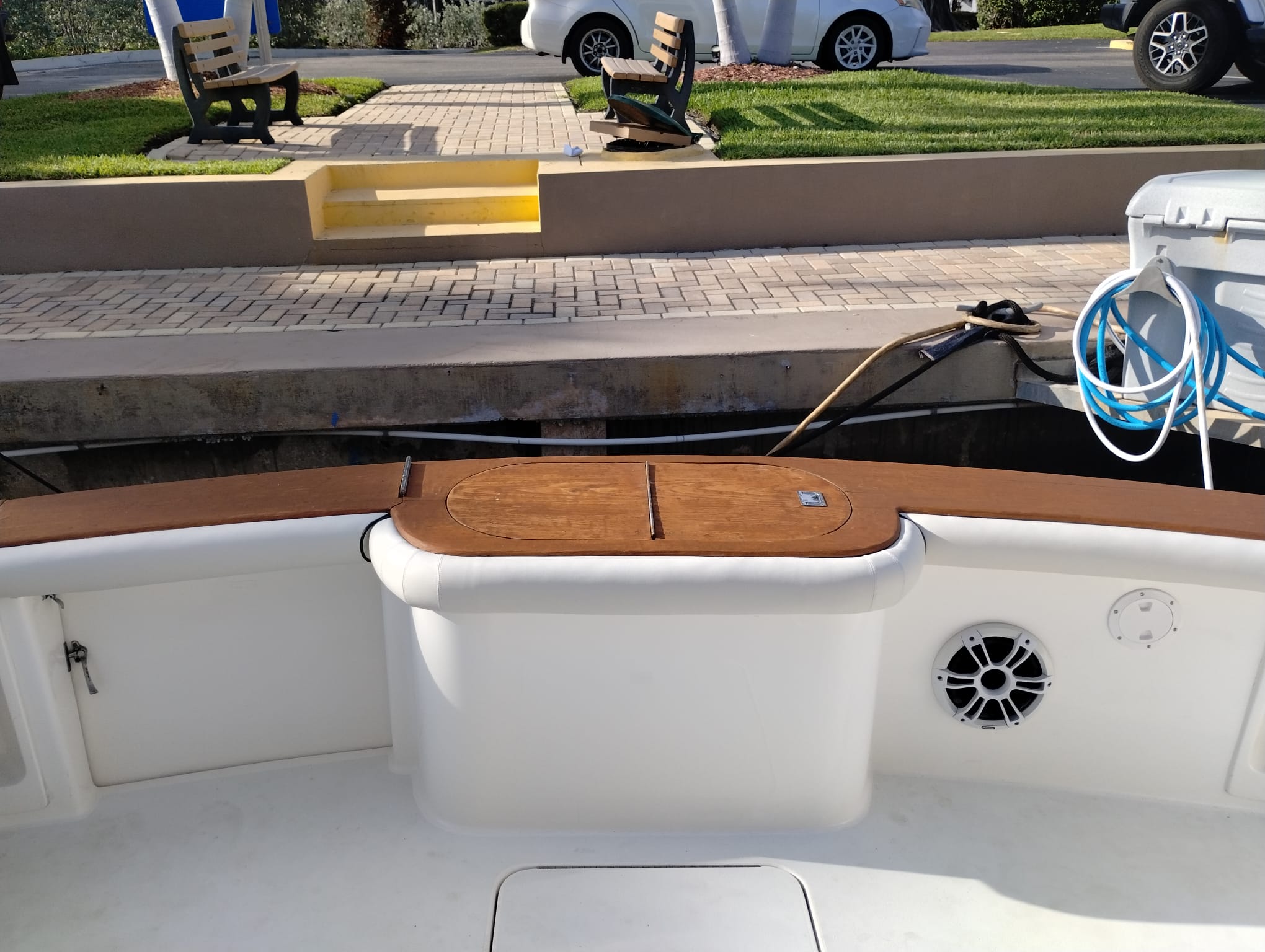 Finished boat bolster with marine-grade upholstery