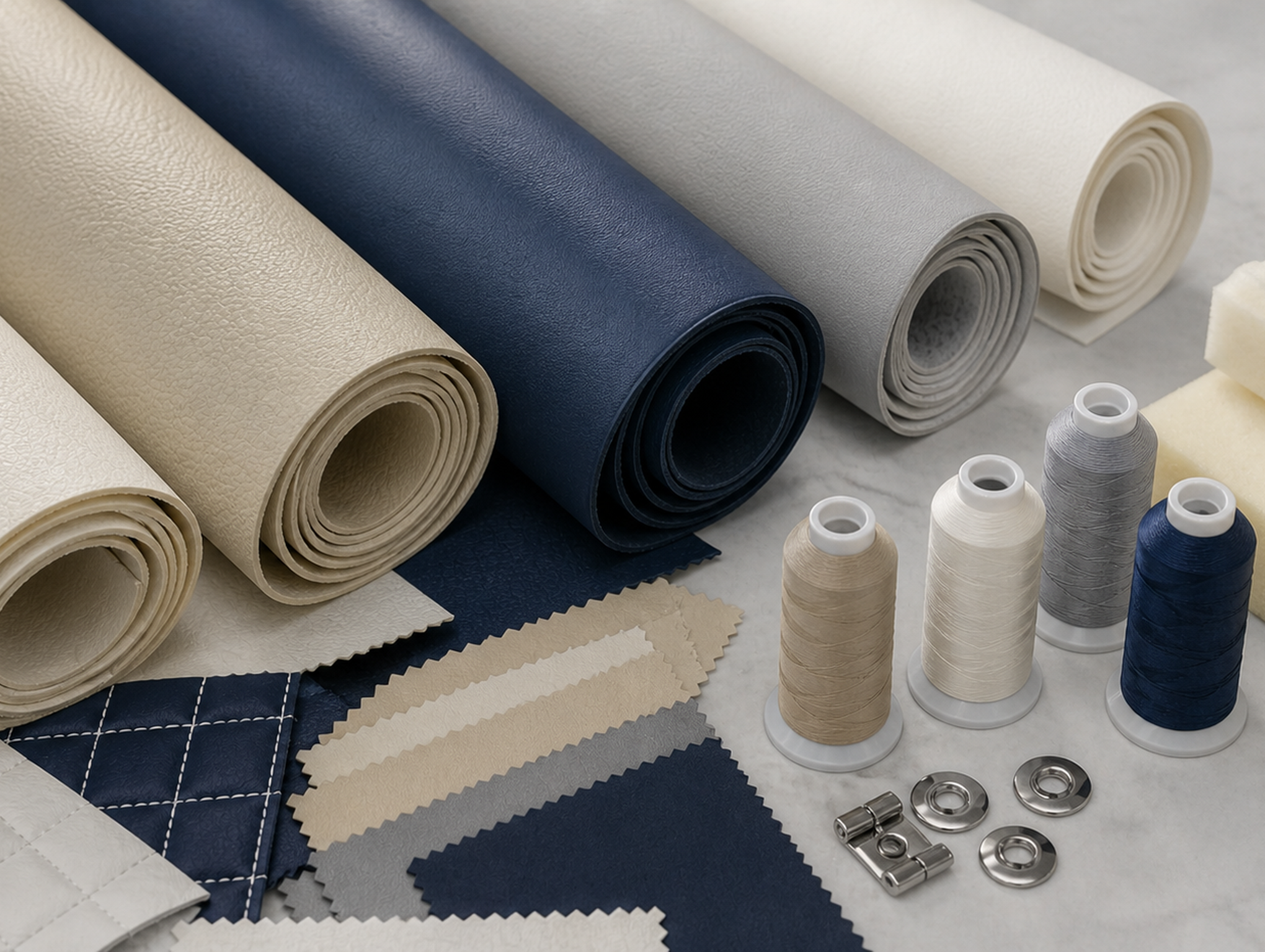 craft_materials_matching_horizontal_dimensions image depicting upholstery materials including vinyl, thread, and sample fabrics.