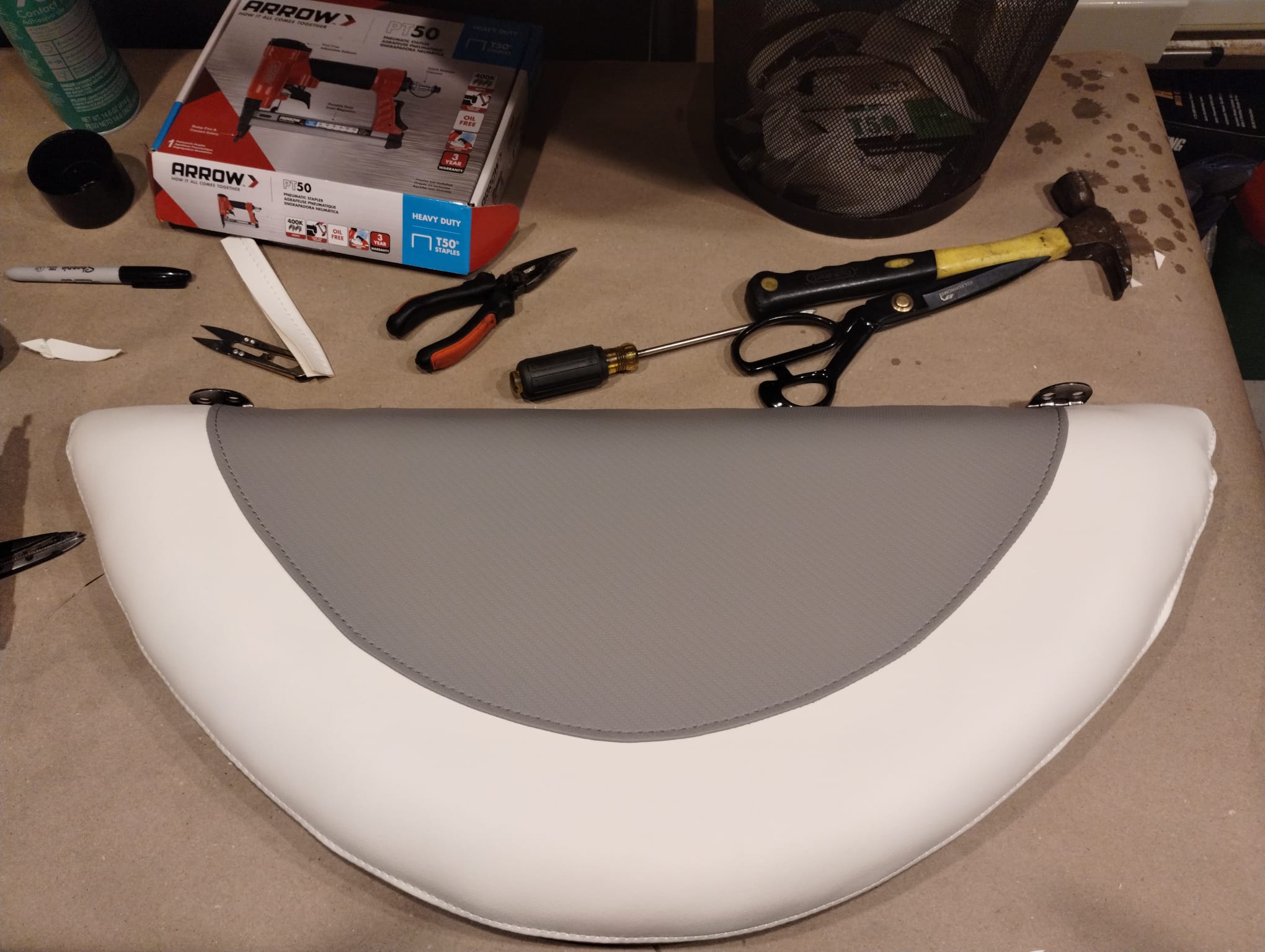 Reupholstered boat live well seat top in new marine vinyl