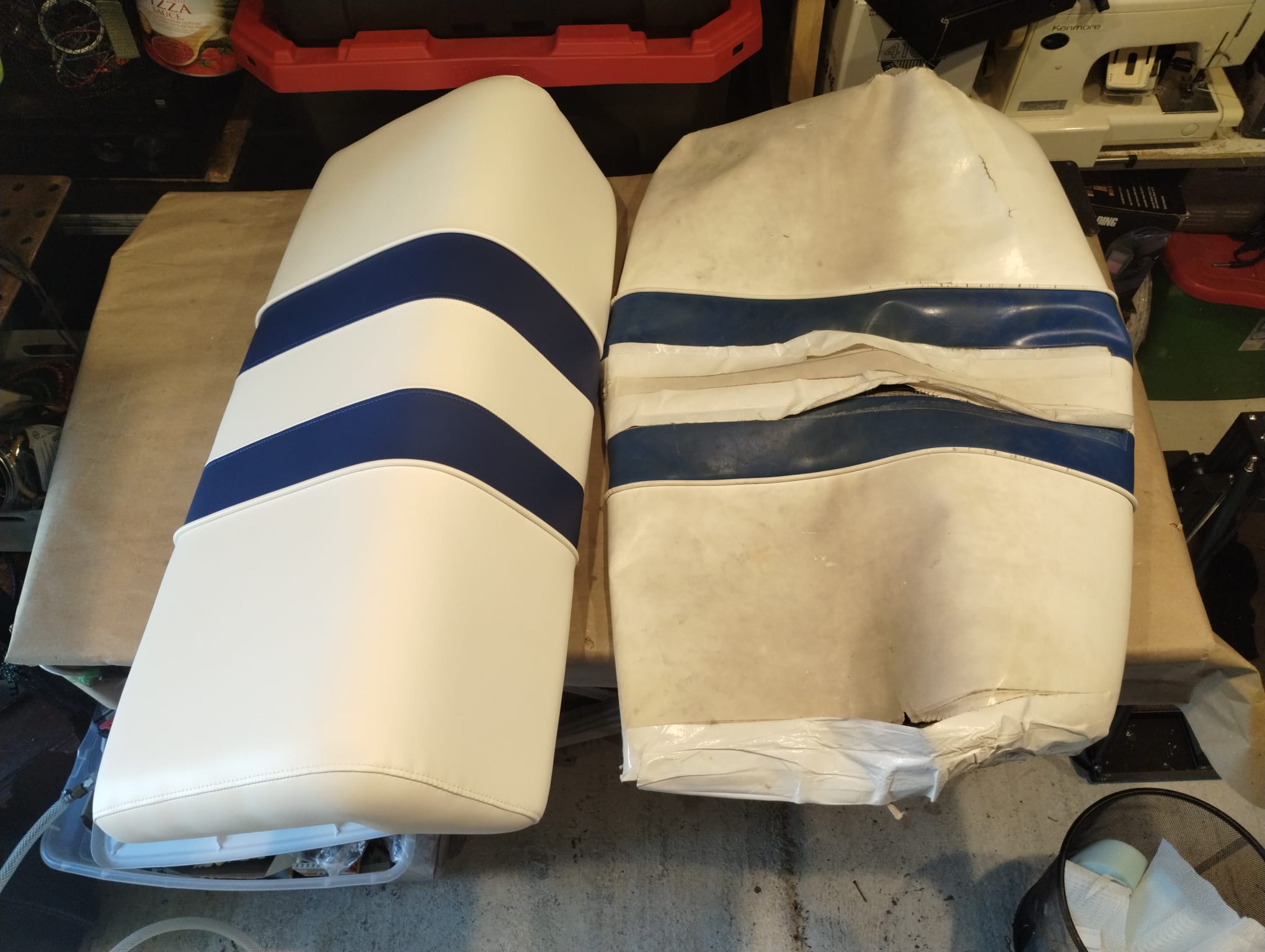New chevron-striped boat seat cushion next to torn original cushion with exposed padding