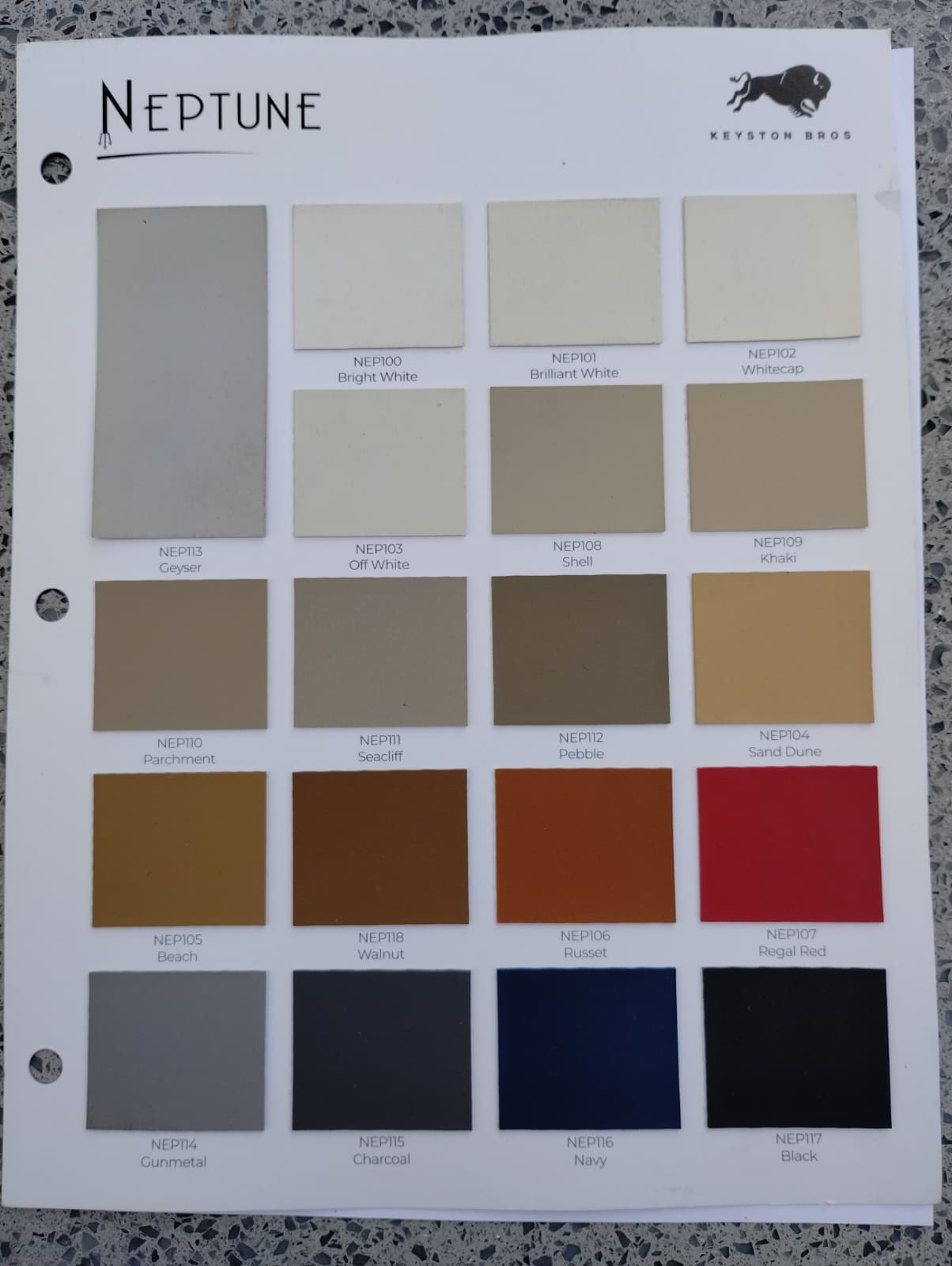 Neptune marine vinyl color chart showing 19 upholstery colors from Bright White through Black