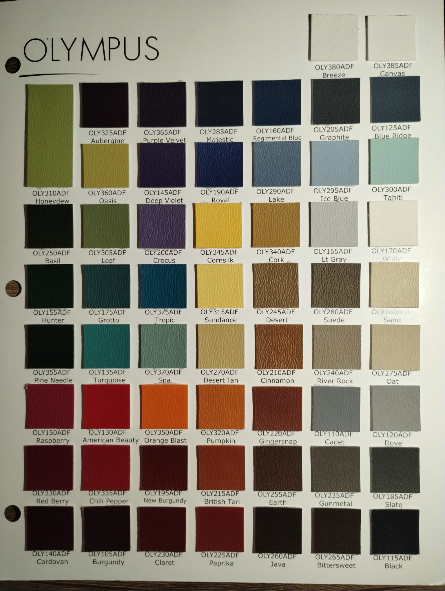 Olympus marine vinyl color chart showing more than 50 upholstery color options