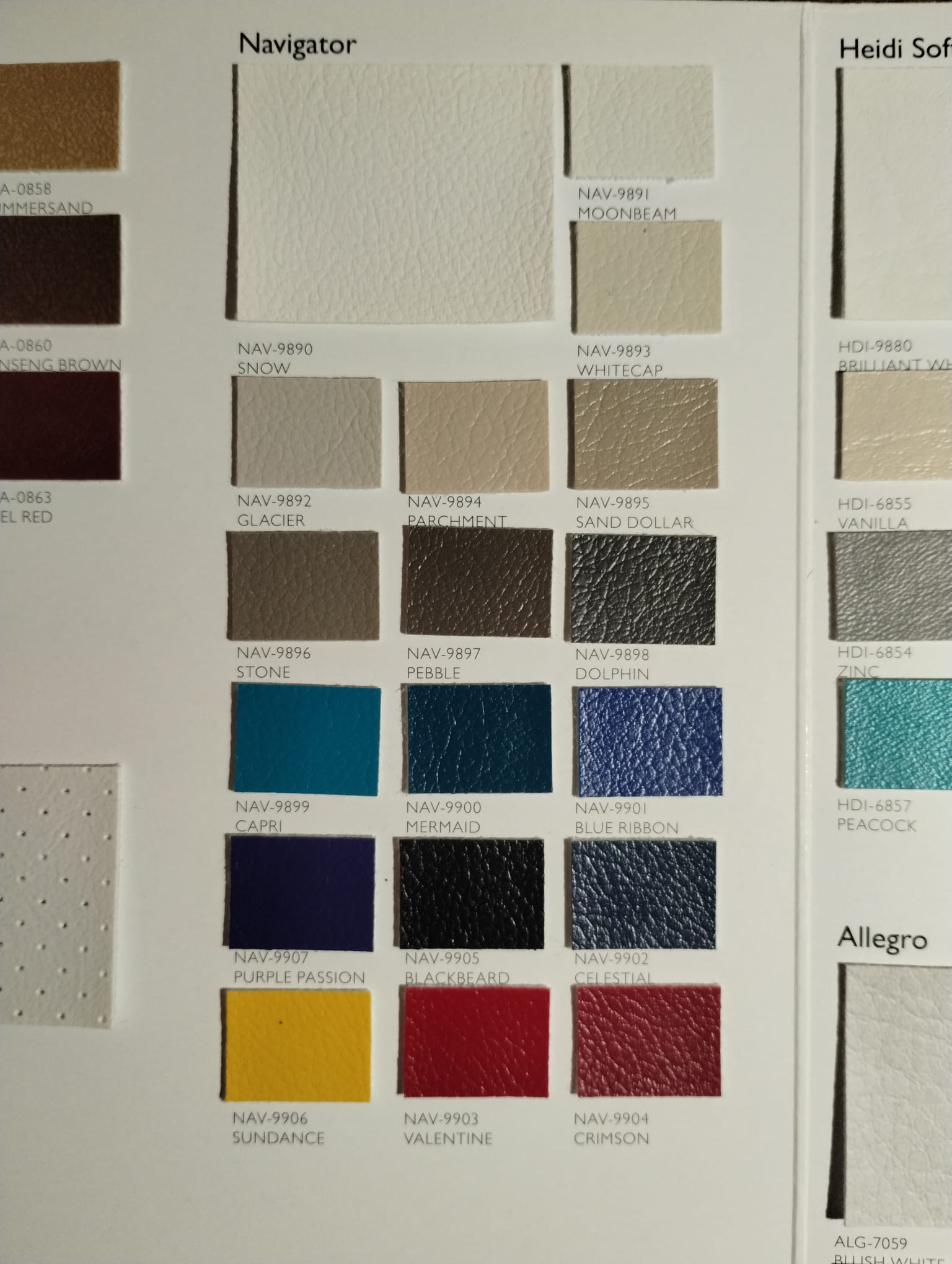 Softside marine vinyl swatch book page showing Navigator and Heidi Soft upholstery colors