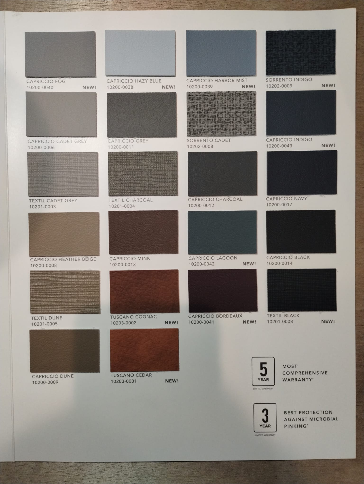 Sunbrella Horizon marine vinyl swatch book page showing grey, blue and dark vinyl color samples